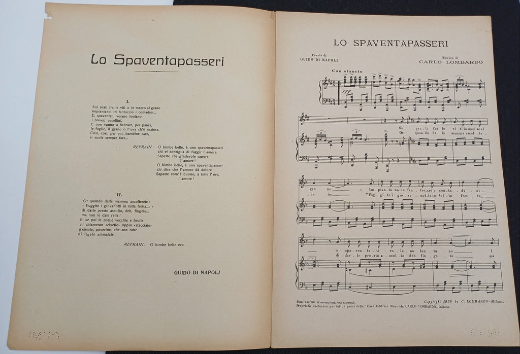 LO SPAVENTAPASSERI - CARLO LOMBARDO & DI NAPOLI - SPARTITO MUSICALE ANNI '20/30