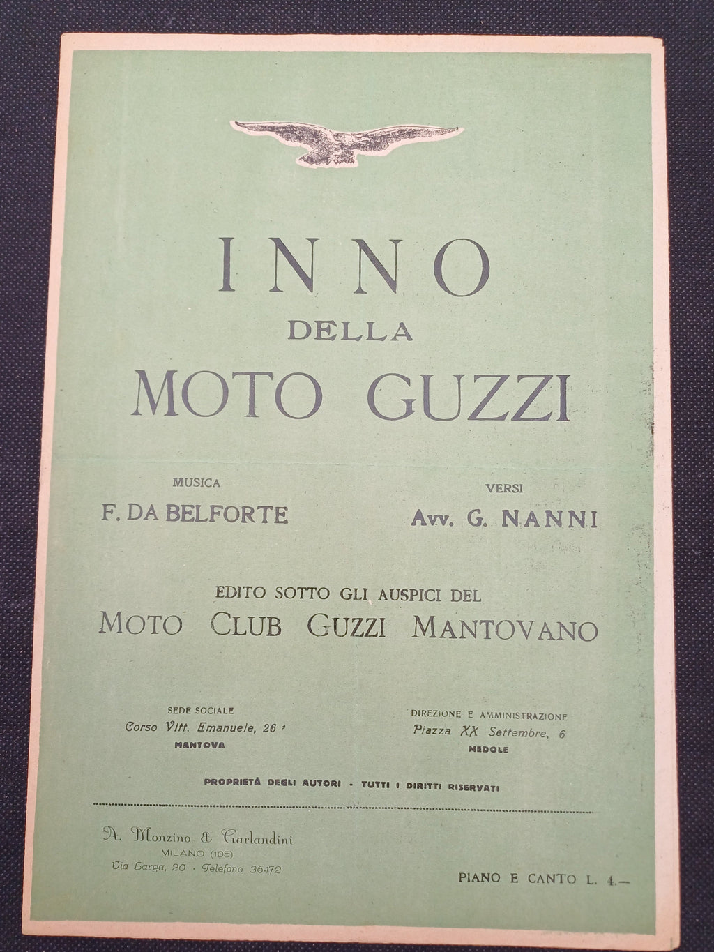 INNO DELLA MOTO GUZZI SPARTITO MUSICALE F.DA BELFORTE & G. NANNI